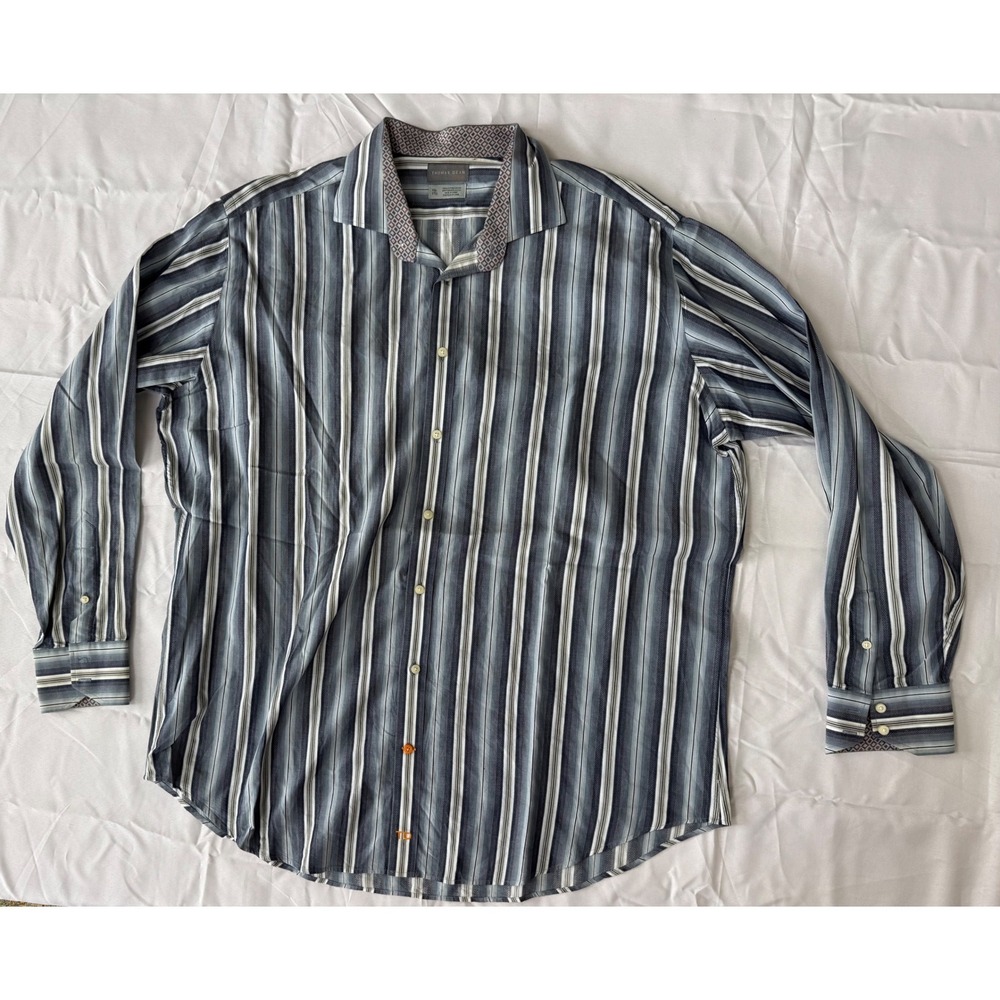 Thomas Dean Shirt Mens XXL Blue Striped Good Long Sleeve Cotton Button Down